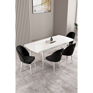 Milas Beyaz 80x132 Açılabilir Mdf Masa Yemek Odası Takımı, Mutfak Takımı 4 adet Sandalye Siyah
