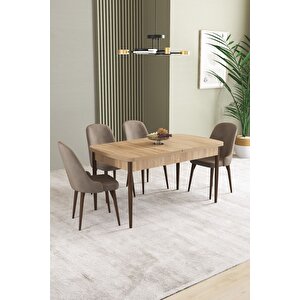 Ikon Meşe Desen 80x132 Açılabilir Mdf Masa Yemek Odası Takımı, Mutfak Takımı 4 Adet Sandalye Cappuccino
