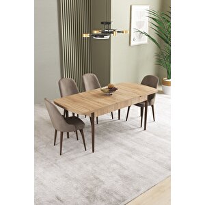Ikon Meşe Desen 80x132 Açılabilir Mdf Masa Yemek Odası Takımı, Mutfak Takımı 4 Adet Sandalye Cappuccino