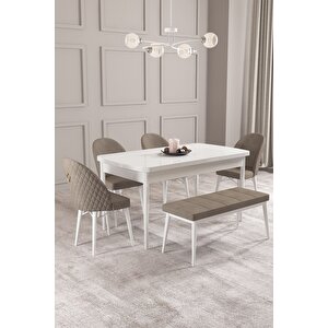 Calvin Beyaz 80x132 Açılabilir Mdf Masa Yemek Odası Takımı, Mutfak Takımı 4 Sandalye, 1 Bench Cappuccino