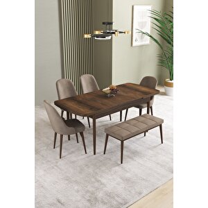 Ikon barok Desen 80x132 Açılabilir Mdf Masa Yemek Odası Takımı, Mutfak Takımı 4 Sandalye, 1 Bench Cappucino
