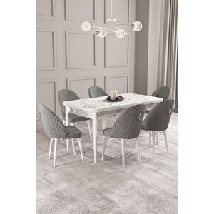 ​​​​​​​calvin Beyaz Mermer Desen 80x132 Açılabilir Mdf Masa Yemek Odası Takımı, Mutfak Takımı 6 Adet Sandalye Gri