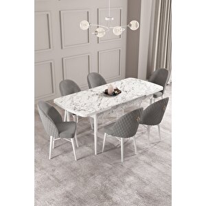 ​​​​​​​calvin Beyaz Mermer Desen 80x132 Açılabilir Mdf Masa Yemek Odası Takımı, Mutfak Takımı 6 Adet Sandalye Gri