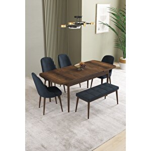 Ikon barok Desen 80x132 Açılabilir Mdf Masa Yemek Odası Takımı, Mutfak Takımı 4 Sandalye, 1 Bench Antrasit
