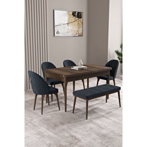Milas Barok Desen 80x132 Açılabilir Mdf Masa Yemek Odası Takımı, Mutfak Takımı 4 Sandalye, 1 Bench Antrasit