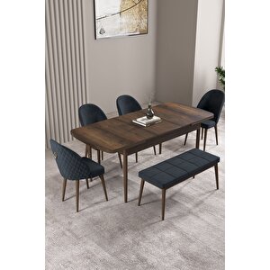 Milas Barok Desen 80x132 Açılabilir Mdf Masa Yemek Odası Takımı, Mutfak Takımı 4 Sandalye, 1 Bench Antrasit