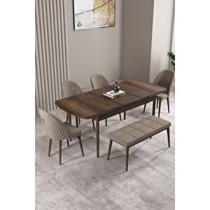 Milas Barok Desen 80x132 Açılabilir Mdf Masa Yemek Odası Takımı, Mutfak Takımı 4 Sandalye, 1 Bench Cappuccino