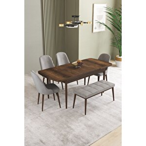 Ikon barok Desen 80x132 Açılabilir Mdf Masa Yemek Odası Takımı, Mutfak Takımı 4 Sandalye, 1 Bench Gri