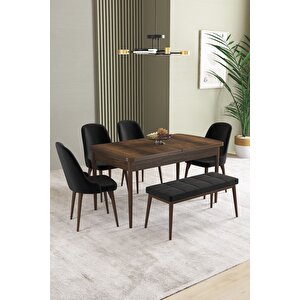 Ikon barok Desen 80x132 Açılabilir Mdf Masa Yemek Odası Takımı, Mutfak Takımı 4 Sandalye, 1 Bench Siyah
