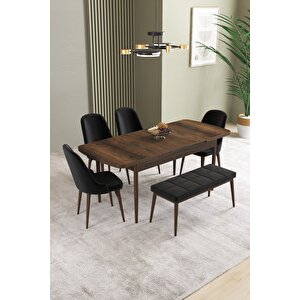 Ikon barok Desen 80x132 Açılabilir Mdf Masa Yemek Odası Takımı, Mutfak Takımı 4 Sandalye, 1 Bench Siyah