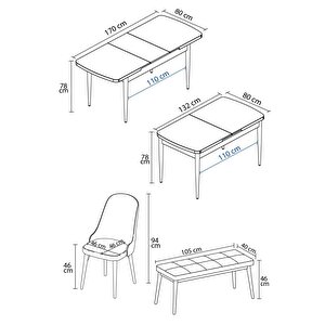 Ikon barok Desen 80x132 Açılabilir Mdf Masa Yemek Odası Takımı, Mutfak Takımı 4 Sandalye, 1 Bench