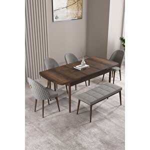 Milas Barok Desen 80x132 Açılabilir Mdf Masa Yemek Odası Takımı, Mutfak Takımı 4 Sandalye, 1 Bench Gri