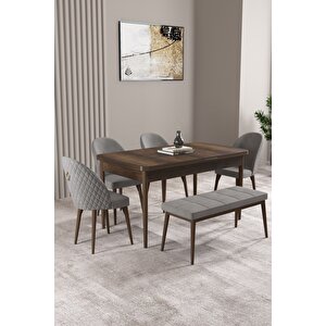 Milas Barok Desen 80x132 Açılabilir Mdf Masa Yemek Odası Takımı, Mutfak Takımı 4 Sandalye, 1 Bench Gri