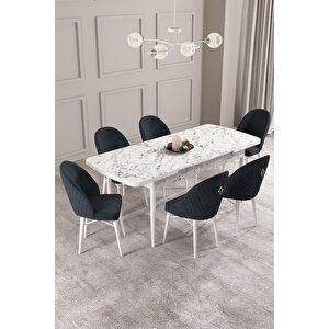 ​​​​​​​calvin Beyaz Mermer Desen 80x132 Açılabilir Mdf Masa Yemek Odası Takımı, Mutfak Takımı 6 Adet Sandalye Antrasit