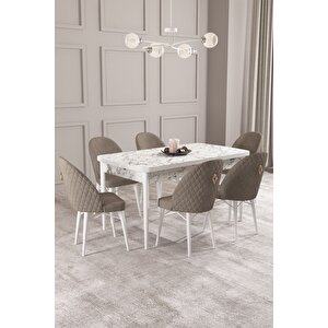 ​​​​​​​calvin Beyaz Mermer Desen 80x132 Açılabilir Mdf Masa Yemek Odası Takımı, Mutfak Takımı 6 Adet Sandalye Cappuccino