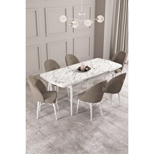 ​​​​​​​calvin Beyaz Mermer Desen 80x132 Açılabilir Mdf Masa Yemek Odası Takımı, Mutfak Takımı 6 Adet Sandalye Cappuccino
