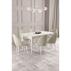 ​​​​​​​calvin Beyaz Mermer Desen 80x132 Açılabilir Mdf Masa Yemek Odası Takımı, Mutfak Takımı 6 Adet Sandalye Krem