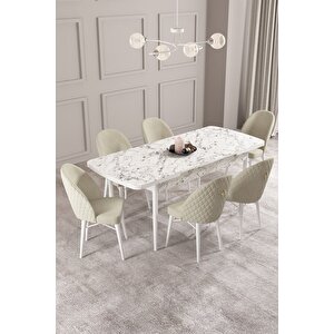 ​​​​​​​calvin Beyaz Mermer Desen 80x132 Açılabilir Mdf Masa Yemek Odası Takımı, Mutfak Takımı 6 Adet Sandalye Krem