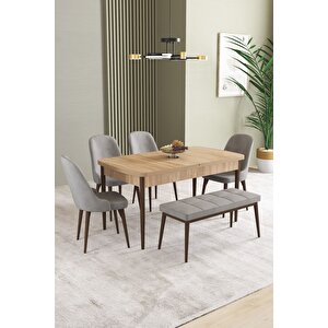 Ikon Meşe Desen 80x132 Açılabilir Mdf Masa Yemek Odası Takımı, Mutfak Takımı 4 Sandalye, 1 Bench Gri