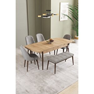 Ikon Meşe Desen 80x132 Açılabilir Mdf Masa Yemek Odası Takımı, Mutfak Takımı 4 Sandalye, 1 Bench Gri