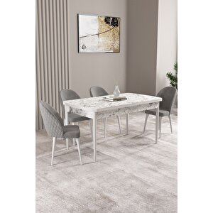 Milas Beyaz Mermer Desen 80x132 Açılabilir Mdf Masa Yemek Odası Takımı, Mutfak Takımı 4 sandalye Gri