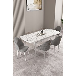 Milas Beyaz Mermer Desen 80x132 Açılabilir Mdf Masa Yemek Odası Takımı, Mutfak Takımı 4 sandalye Gri