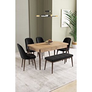 Ikon Meşe Desen 80x132 Açılabilir Mdf Masa Yemek Odası Takımı, Mutfak Takımı 4 Sandalye, 1 Bench Siyah