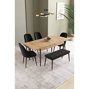 Ikon Meşe Desen 80x132 Açılabilir Mdf Masa Yemek Odası Takımı, Mutfak Takımı 4 Sandalye, 1 Bench Siyah