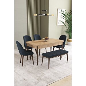 Ikon Meşe Desen 80x132 Açılabilir Mdf Masa Yemek Odası Takımı, Mutfak Takımı 4 Sandalye, 1 Bench Antrasit