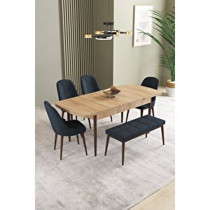 Ikon Meşe Desen 80x132 Açılabilir Mdf Masa Yemek Odası Takımı, Mutfak Takımı 4 Sandalye, 1 Bench Antrasit
