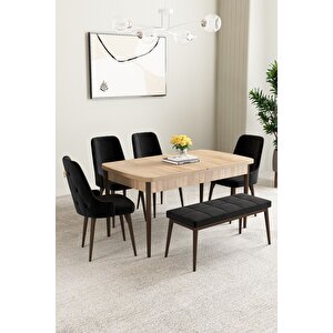 Mabel Meşe Desen 80x132 Açılabilir Mdf Masa Yemek Odası Takımı, Mutfak Takımı 4 Sandalye, 1 Bench Siyah