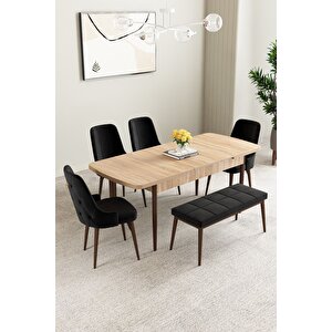 Mabel Meşe Desen 80x132 Açılabilir Mdf Masa Yemek Odası Takımı, Mutfak Takımı 4 Sandalye, 1 Bench Siyah