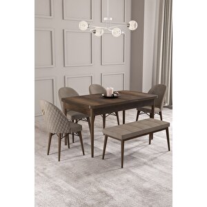 Calvin Barok 80x132 Açılabilir Mdf Masa Yemek Odası Takımı, Mutfak Takımı 4 Sandalye, 1 Bench Cappuccino