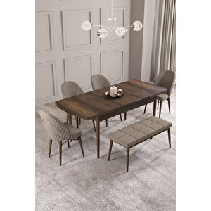 Calvin Barok 80x132 Açılabilir Mdf Masa Yemek Odası Takımı, Mutfak Takımı 4 Sandalye, 1 Bench Cappuccino