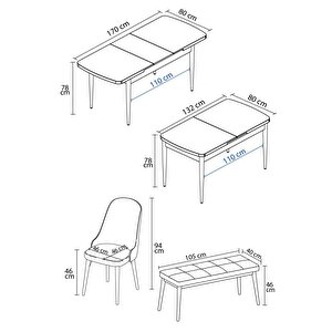 Ikon Meşe Desen 80x132 Açılabilir Mdf Masa Yemek Odası Takımı, Mutfak Takımı 4 Sandalye, 1 Bench