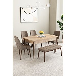 Mabel Meşe Desen 80x132 Açılabilir Mdf Masa Yemek Odası Takımı, Mutfak Takımı 4 Sandalye, 1 Bench Cappuccino