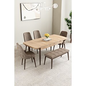 Mabel Meşe Desen 80x132 Açılabilir Mdf Masa Yemek Odası Takımı, Mutfak Takımı 4 Sandalye, 1 Bench Cappuccino