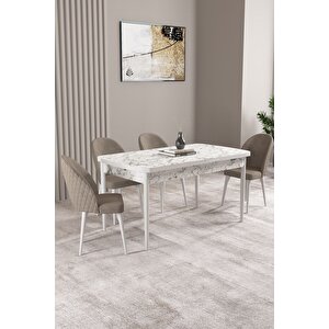 Milas Beyaz Mermer Desen 80x132 Açılabilir Mdf Masa Yemek Odası Takımı, Mutfak Takımı 4 sandalye Cappuccino