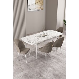 Milas Beyaz Mermer Desen 80x132 Açılabilir Mdf Masa Yemek Odası Takımı, Mutfak Takımı 4 sandalye Cappuccino