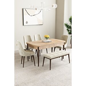 Mabel Meşe Desen 80x132 Açılabilir Mdf Masa Yemek Odası Takımı, Mutfak Takımı 4 Sandalye, 1 Bench Krem