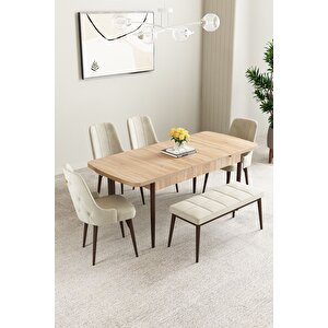 Mabel Meşe Desen 80x132 Açılabilir Mdf Masa Yemek Odası Takımı, Mutfak Takımı 4 Sandalye, 1 Bench Krem