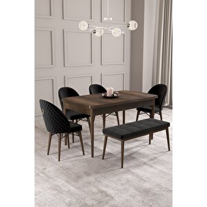 Calvin Barok 80x132 Açılabilir Mdf Masa Yemek Odası Takımı, Mutfak Takımı 4 Sandalye, 1 Bench Siyah