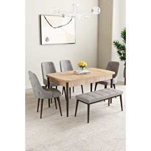 Mabel Meşe Desen 80x132 Açılabilir Mdf Masa Yemek Odası Takımı, Mutfak Takımı 4 Sandalye, 1 Bench Gri