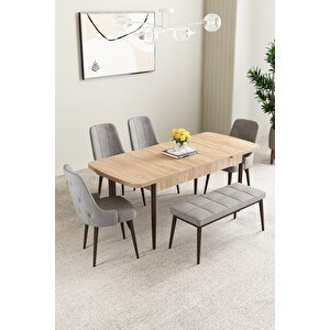 Mabel Meşe Desen 80x132 Açılabilir Mdf Masa Yemek Odası Takımı, Mutfak Takımı 4 Sandalye, 1 Bench Gri