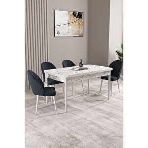Milas Beyaz Mermer Desen 80x132 Açılabilir Mdf Masa Yemek Odası Takımı, Mutfak Takımı 4 sandalye Antrasit