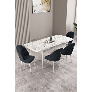 Milas Beyaz Mermer Desen 80x132 Açılabilir Mdf Masa Yemek Odası Takımı, Mutfak Takımı 4 sandalye Antrasit