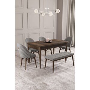 Calvin Barok 80x132 Açılabilir Mdf Masa Yemek Odası Takımı, Mutfak Takımı 4 Sandalye, 1 Bench Gri