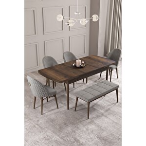 Calvin Barok 80x132 Açılabilir Mdf Masa Yemek Odası Takımı, Mutfak Takımı 4 Sandalye, 1 Bench Gri