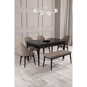 Calvin Siyah Mermer 80x132 Açılabilir Mdf Masa Yemek Odası Takımı, Mutfak Takımı 4 Adet Sandalye, 1 Bench Cappuccino