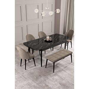 Calvin Siyah Mermer 80x132 Açılabilir Mdf Masa Yemek Odası Takımı, Mutfak Takımı 4 Adet Sandalye, 1 Bench Cappuccino
